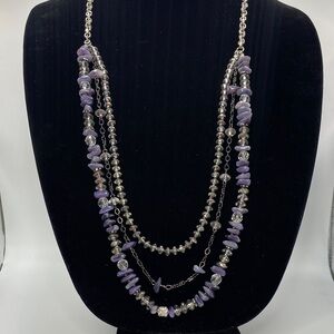 Elegant Chico’s Purple Amethyst, Clear Beads and Silver Tone Layered Necklace